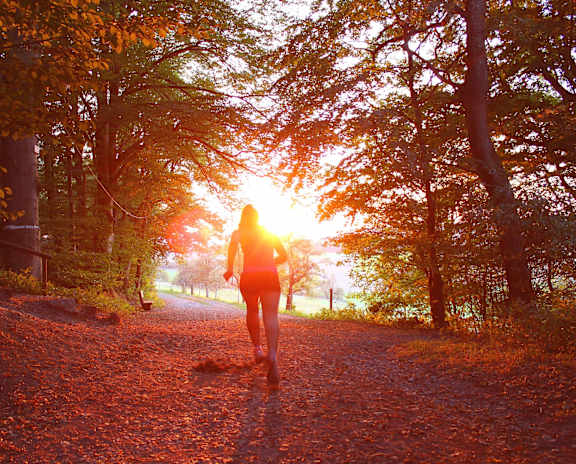 A person is running on a path in the woods during sunset.