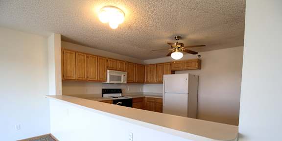 a kitchen with wooden cabinets and white appliances