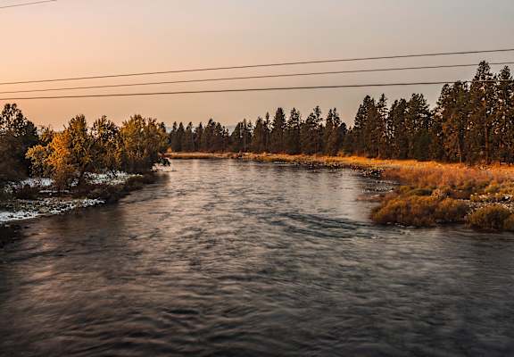 A river flows through a forest with a pink sky above.