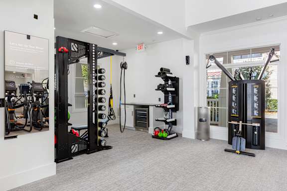 A gym with a variety of equipment including a treadmill, weights, and a bench press.