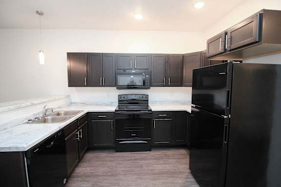 A black fridge sits in a kitchen with black cabinets and a black stove.