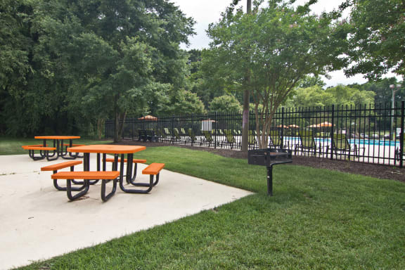 a picnic area with tables and a grill at Staples Mill Townhomes, Richmond, VA