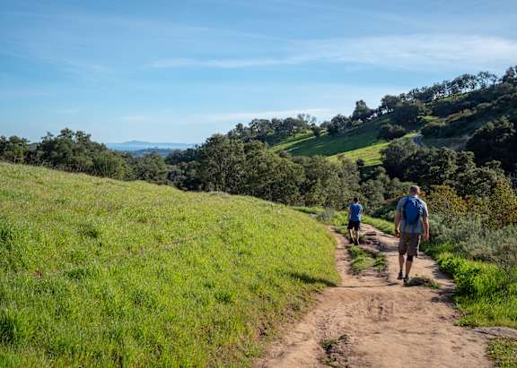 Two people walking on a dirt path through a grassy field.