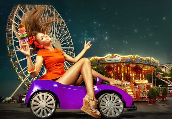 young woman in an orange dress sitting on a purple car with an ice cream