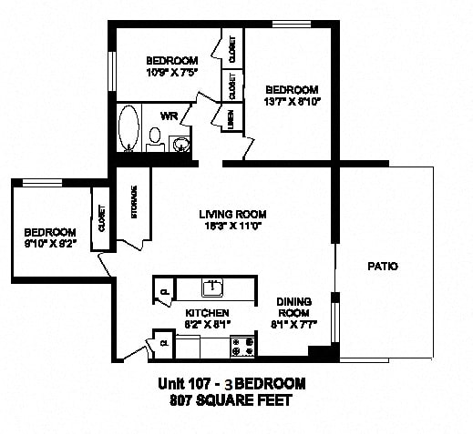 Three bedroom, one bathroom apartment layout at Trillium Apartments in Cobourg, ON