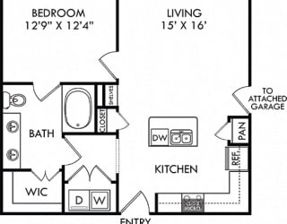 The Encanto with Attached Garage. 1 bedroom apartment. Kitchen with island open to living room. 1 full bathroom, double vanity. Walk-in closet. Patio/balcony.