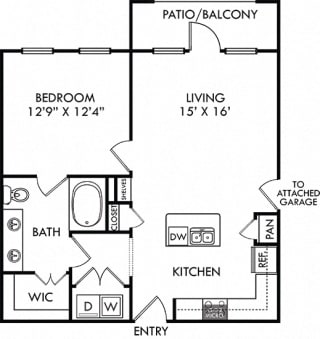 The Encanto with Attached Garage. 1 bedroom apartment. Kitchen with island open to living room. 1 full bathroom, double vanity. Walk-in closet. Patio/balcony.