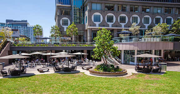 A large building with a circular window design is surrounded by a grassy area with tables and chairs.