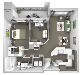 Avenel at Montgomery Square floor plans - The Chestnut - A3 - 1Bed 1Bath - 3D