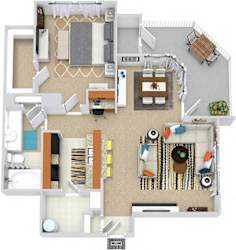 Topsail 3D. 1 bedroom apartment. Kitchen with bartop open to living/dinning rooms. 1 full bathroom. Walk-in closet. Patio/balcony with storage. optional fireplace.
