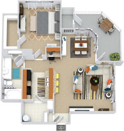 Topsail 3D. 1 bedroom apartment. Kitchen with bartop open to living/dinning rooms. 1 full bathroom. Walk-in closet. Patio/balcony with storage. optional fireplace.