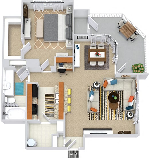 Topsail 3D. 1 bedroom apartment. Kitchen with bartop open to living/dinning rooms. 1 full bathroom. Walk-in closet. Patio/balcony with storage. optional fireplace.