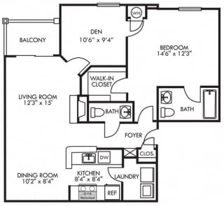 Ashley. 1 bedroom apartment &#x2B; Den. Kitchen with bartop open to living/dinning rooms. Fireplace. 1 full bathroom &#x2B; powder room. Walk-in closet. Patio/balcony.