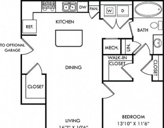 Jones with Attached Garage. 1 bedroom apartment. Kitchen with island open to living/dinning rooms. 1 full bathroom. Walk-in closet. Extra storage closet.