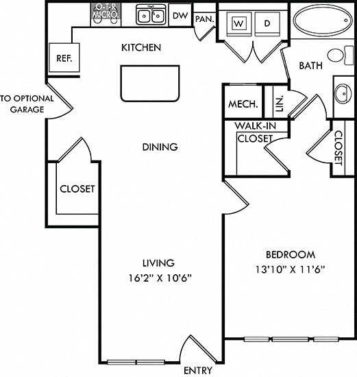 Jones with Attached Garage. 1 bedroom apartment. Kitchen with island open to living/dinning rooms. 1 full bathroom. Walk-in closet. Extra storage closet.