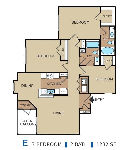 A floor plan of an apartment with 3 bedrooms and 2 bathrooms.