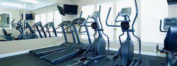 A gym with treadmills, elliptical machines, and a television.