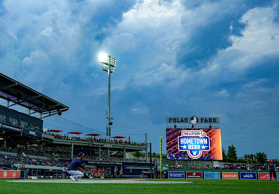 A baseball game is being played at Polo Park.