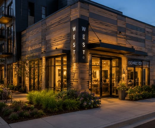 A building with the sign "Westing" in front of it.