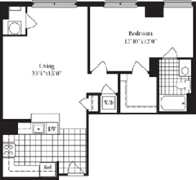 1 bed 1 bath floorplan for The Brighton, at Wentworth House,North Bethesda