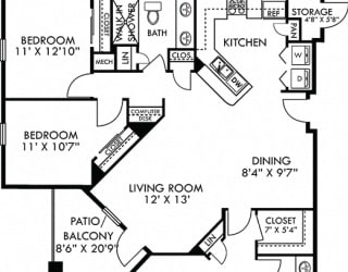 Castellon. 2 bedroom apartment. Kitchen with bartop open to living room. 2 full bathrooms, double vanities. Walk-in closet in master. Patio/balcony. External storage.