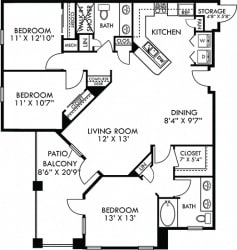 Castellon. 2 bedroom apartment. Kitchen with bartop open to living room. 2 full bathrooms, double vanities. Walk-in closet in master. Patio/balcony. External storage.