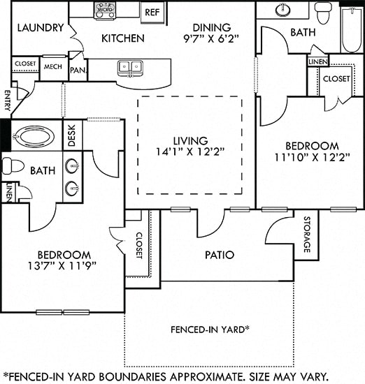 Montreal with Fenced-in Yard. 2 bedroom apartment. Kitchen with bartop open to living/dining rooms. 2 full bathrooms, double vanity in master. Walk-in closet. Patio/balcony open to yard.