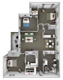 Belle Harbour Apartments - C1 - 3 bedrooms and 2 bath - 3D Floor Plan