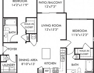 The Starling. 2 bedroom apartment. Kitchen with island open to living/dinning rooms. 2 full bathroom. Walk-in closets. Patio/balcony.