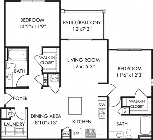 The Starling. 2 bedroom apartment. Kitchen with island open to living/dinning rooms. 2 full bathroom. Walk-in closets. Patio/balcony.