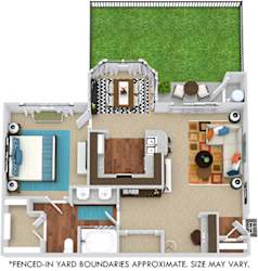 3D Lyndon 1 bedroom apartment with fenced-in yard. Kitchen with bartop open to living room and dining room with bay window. 1 full bath with double vanity. large walk-in closet. patio/balcony.