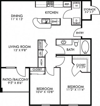 Salamanca. 2 bedroom apartment. Kitchen with bartop open to living room. 1 full bathroom. Walk-in closet in master. Patio/balcony. External storage.