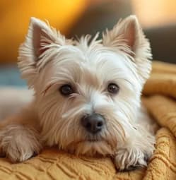 a small dog laying on a yellow knit blanket