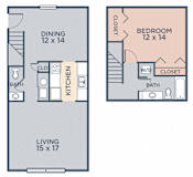 1 bedroom 1.5  bathroom Gwendolyn (1.15a) FloorPlan at Barrington Estates Apartments, Indianapolis, IN, 46260