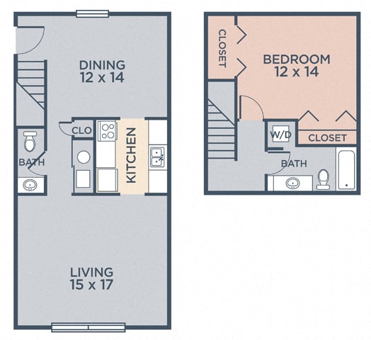 1 bedroom 1.5  bathroom Gwendolyn (1.15a) FloorPlan at Barrington Estates Apartments, Indianapolis, IN, 46260