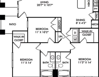 The Rogers with Attached Garage. 3 bedroom apartment. Kitchen with island open to living/dinning rooms. 2 full bathrooms. Walk-in closets. Patio/balcony.