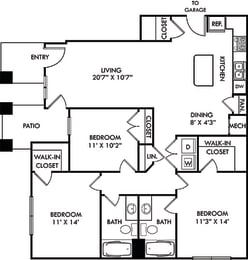The Rogers with Attached Garage. 3 bedroom apartment. Kitchen with island open to living/dinning rooms. 2 full bathrooms. Walk-in closets. Patio/balcony.