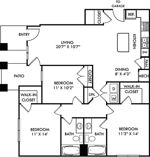 The Rogers with Attached Garage. 3 bedroom apartment. Kitchen with island open to living/dinning rooms. 2 full bathrooms. Walk-in closets. Patio/balcony.