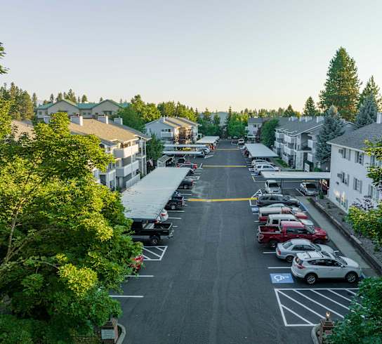 a view of the street from the top of the building  at Ironwood Apartments, Coeur d'Alene, 83814