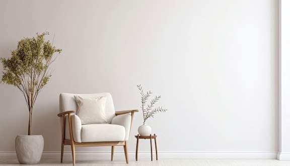 a living room with a white chair and a plant