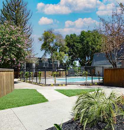 A backyard with a pool and a wooden fence.