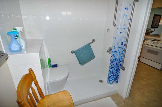 a bathroom with a toilet and a shower