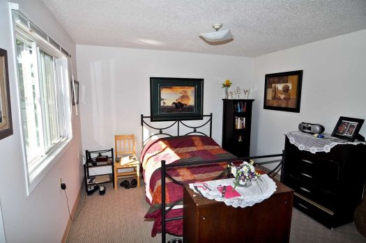 a bedroom with a bed and a dresser in it