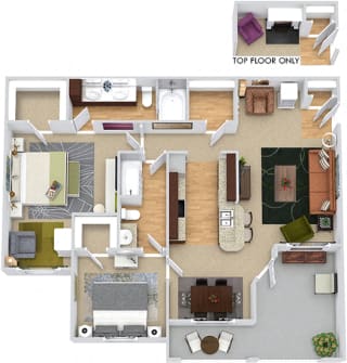 Buxton 3D. 2 bedroom apartment. Kitchen with bartop open to living/dinning rooms. 2 full bathrooms, double vanity in master. Walk-in closets. Patio/balcony. Optional fireplace.