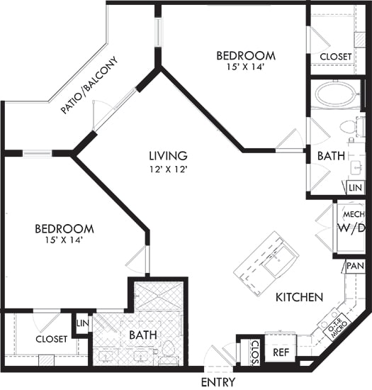 bowery 2 bedroom, 2 bath. Fan shaped kitchen with island, pantry and coat closet at entry. standalone shower and double vanity in master bedroom. Linine closets. washer/dryer. large patio/balcony