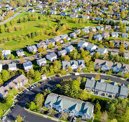 An aerial view of a neighborhood of houses at Regency Townes, Winterville, NC 28590