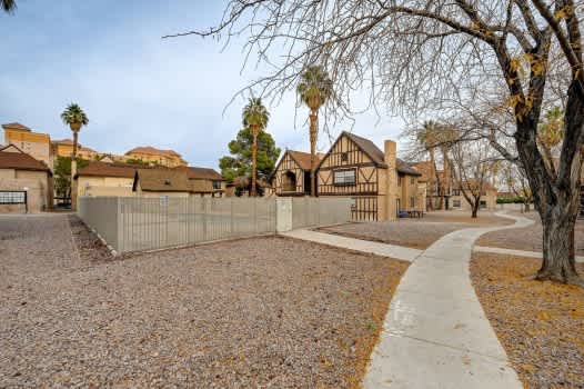 A residential area with houses and trees.