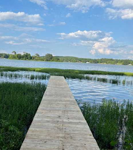 a dock on a lake in the grass