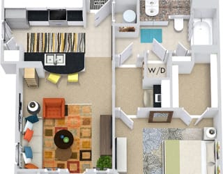 The Athens 3D. 1 bedroom apartment. Kitchen with bartop open to living room. 1 full bathroom. Walk-in closet. Patio/balcony with storage.