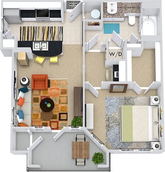 The Athens 3D. 1 bedroom apartment. Kitchen with bartop open to living room. 1 full bathroom. Walk-in closet. Patio/balcony with storage.